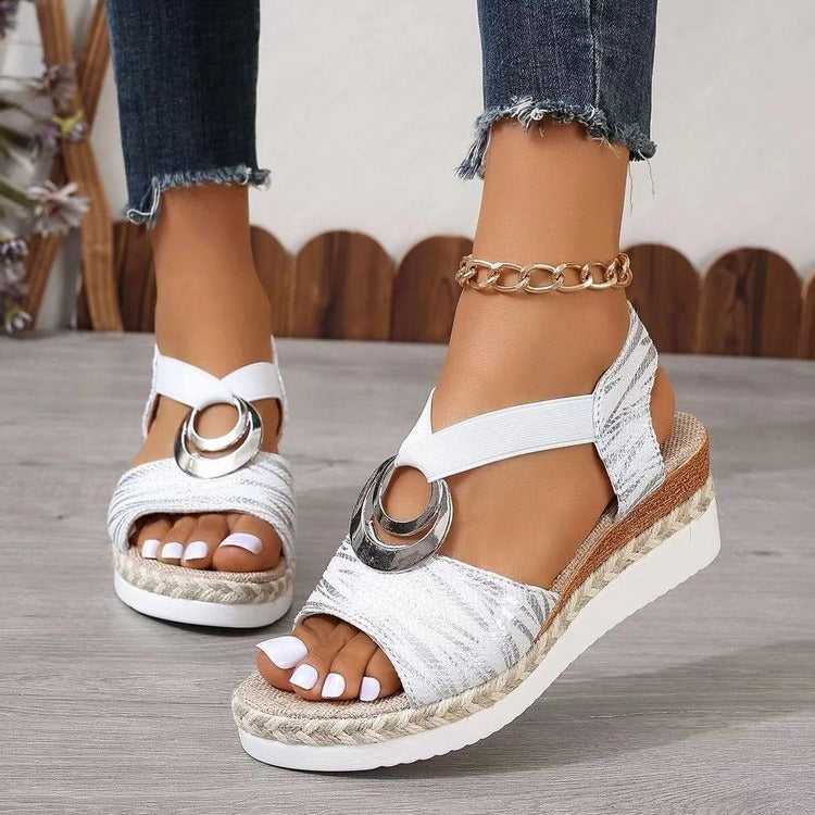 Women's Metal Buckle Hemp Rope Wedge Peep Sandals
