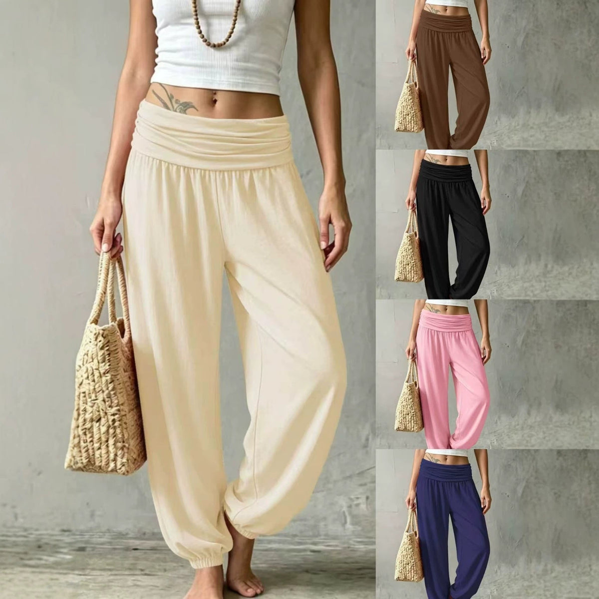 Summer Women Fold Over Waist Joggers, Soft Stretchy Loose Harem Pants Casual Daily Lounge Tapered Sweat Pants