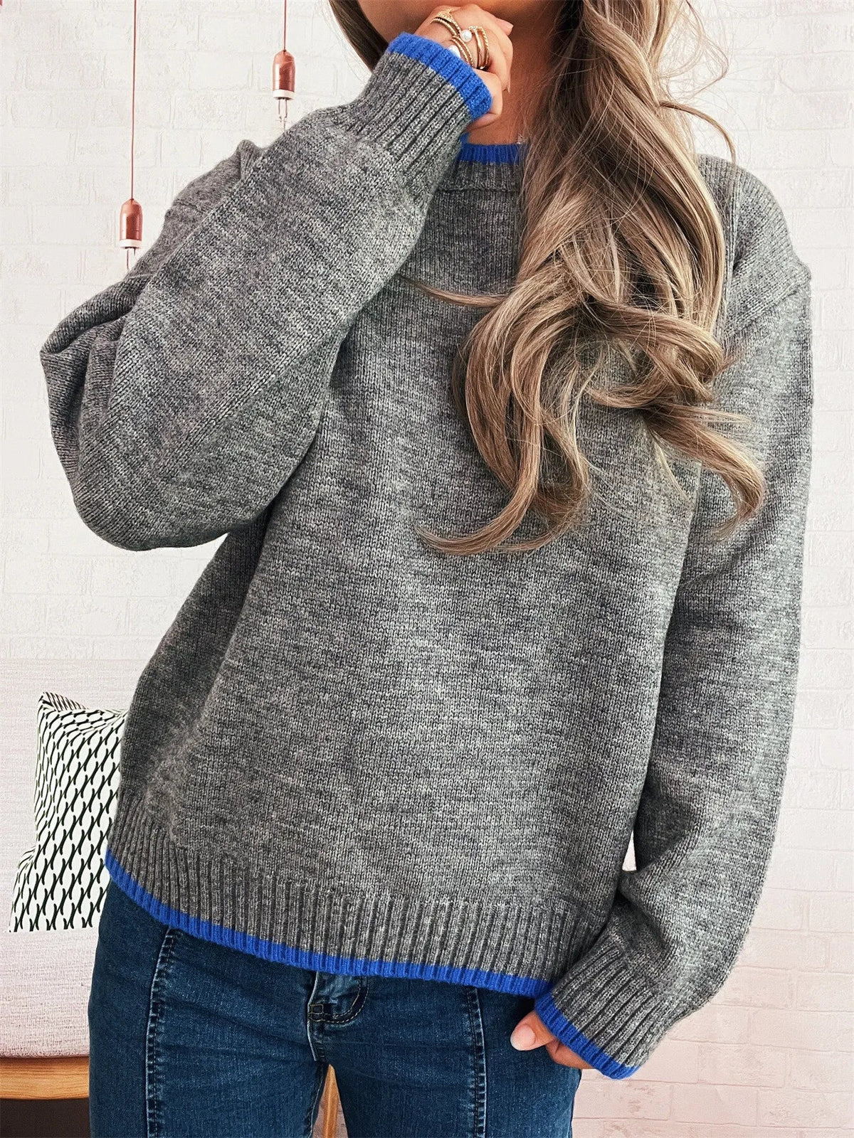 Ribbed Contrast Trim Long Sleeve Sweater
