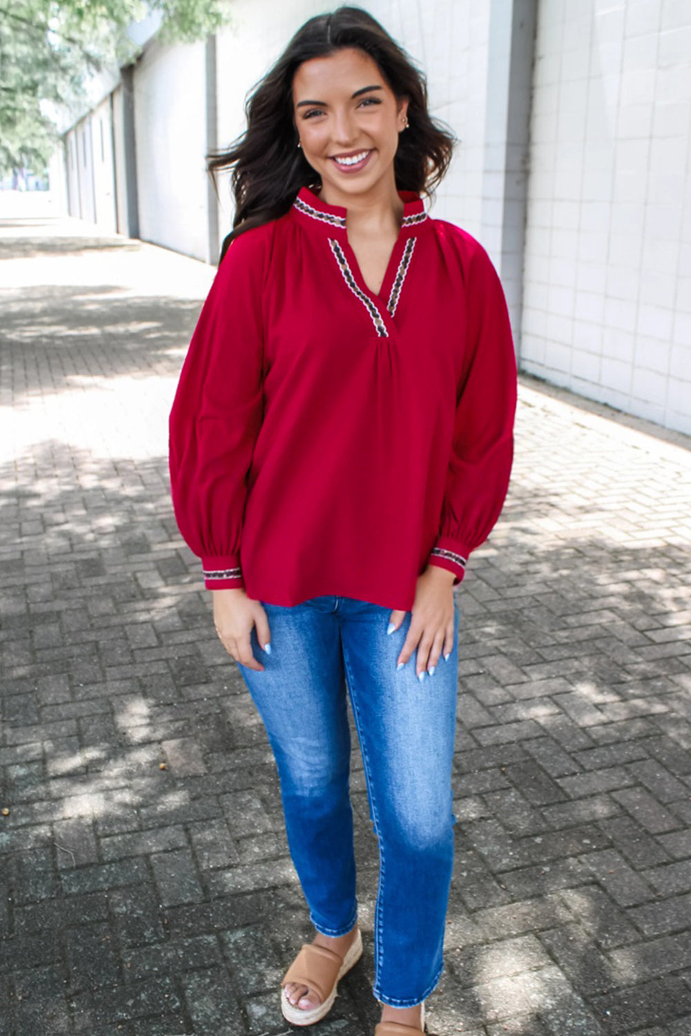 Blusa texturizada con cuello en V y estampado de jacquard de leopardo rojo de carreras