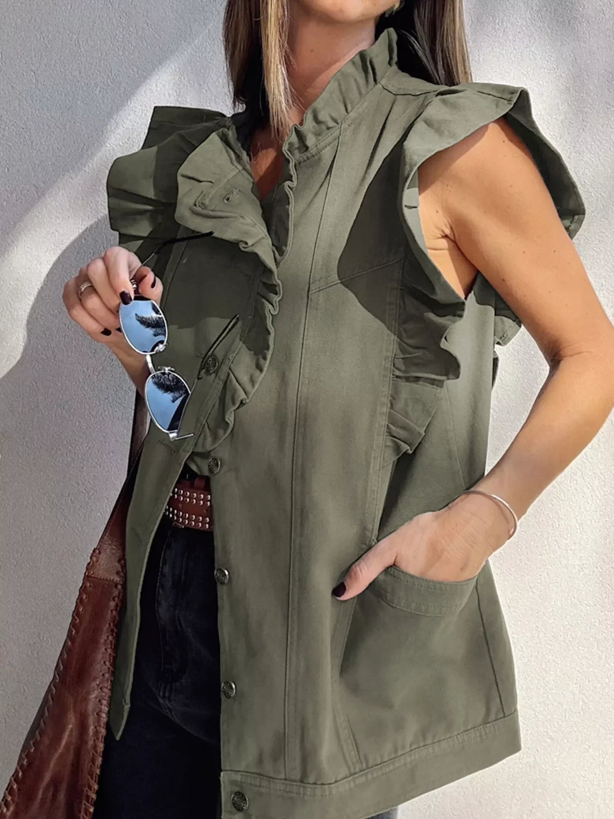 Ruffled Patchwork Denim Jacket Vest