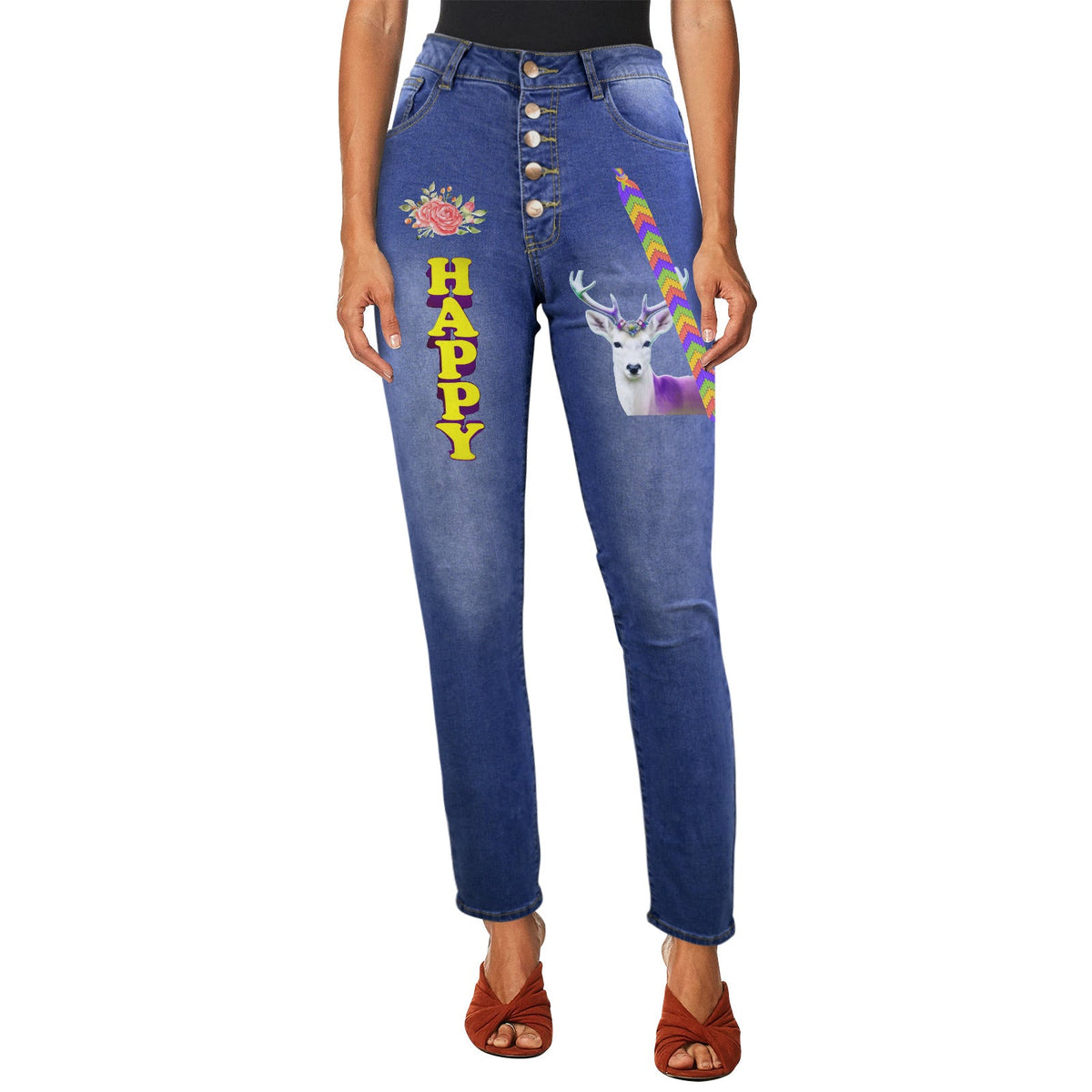 Women's Happy Deer Decorated Design Jeans with Front Printing