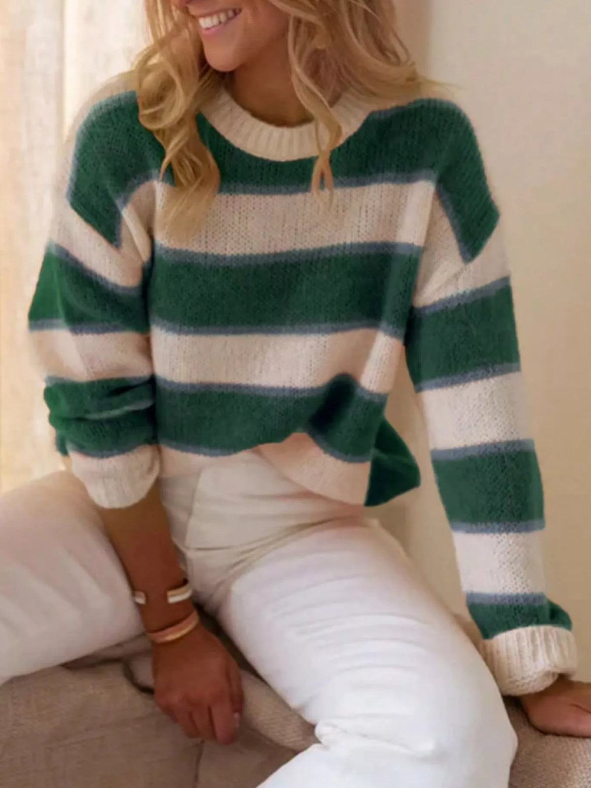 Striped Round Neck Dropped Shoulder Sweater