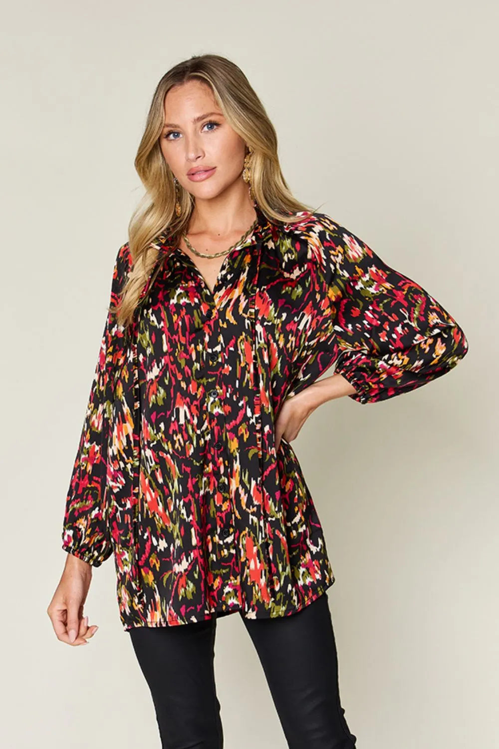 Camisa abotonada de manga larga estampada Full Size Double Take