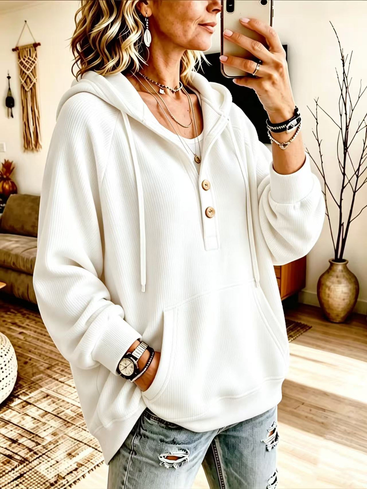 Women's Corduroy Hooded Sweatshirt With Buttons