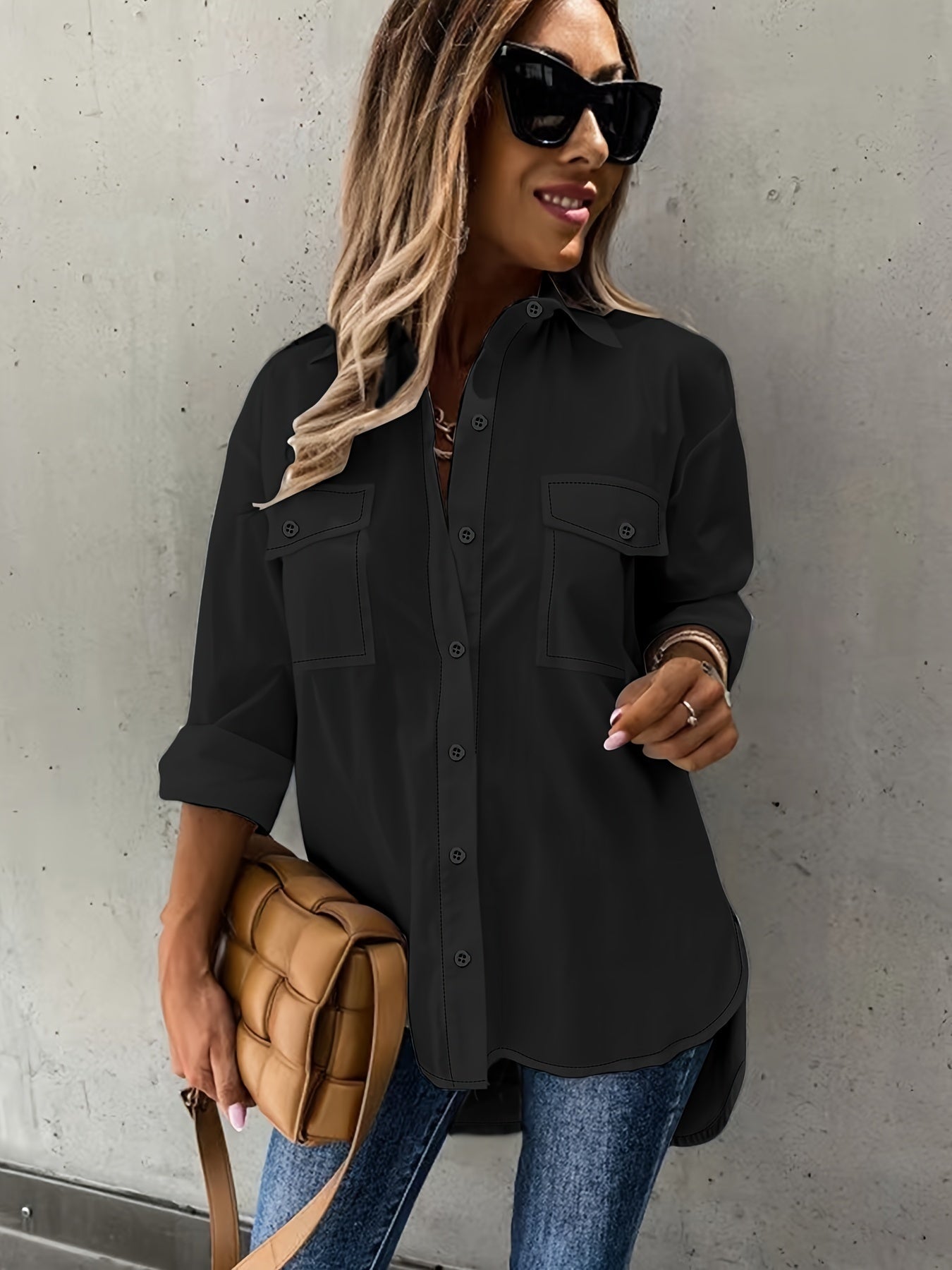 Camisa de manga larga informal para mujer con bolsillo