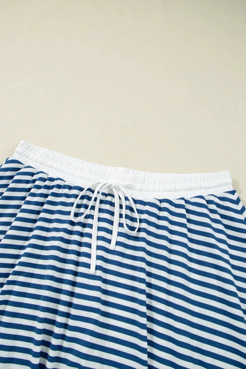 Blue Stripe Short Sleeve Collared V Neck Top Plus Size Short Set