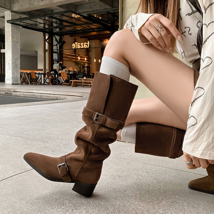 Women's Retro Cowhide Leather Belt-Clasp Chunky-Heel Western Cowboy Boots