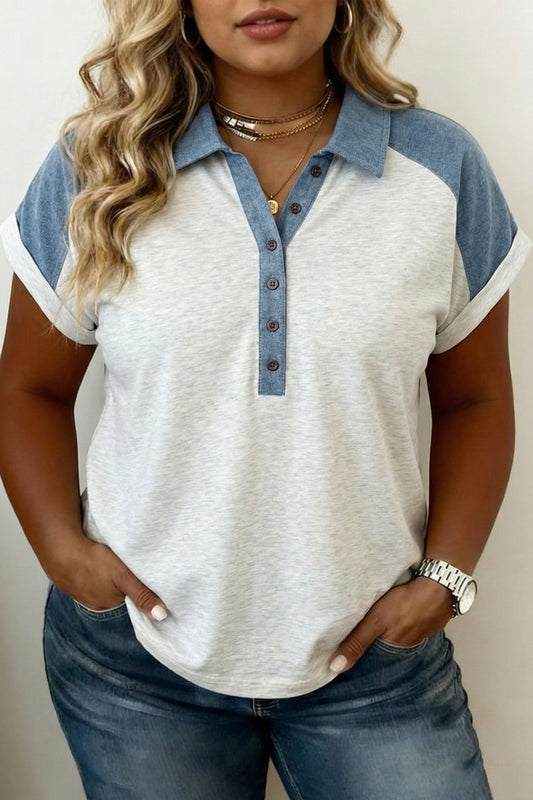 Camiseta tipo polo de mezclilla en contraste beige de talla grande con mangas con puños y diseño de retazos