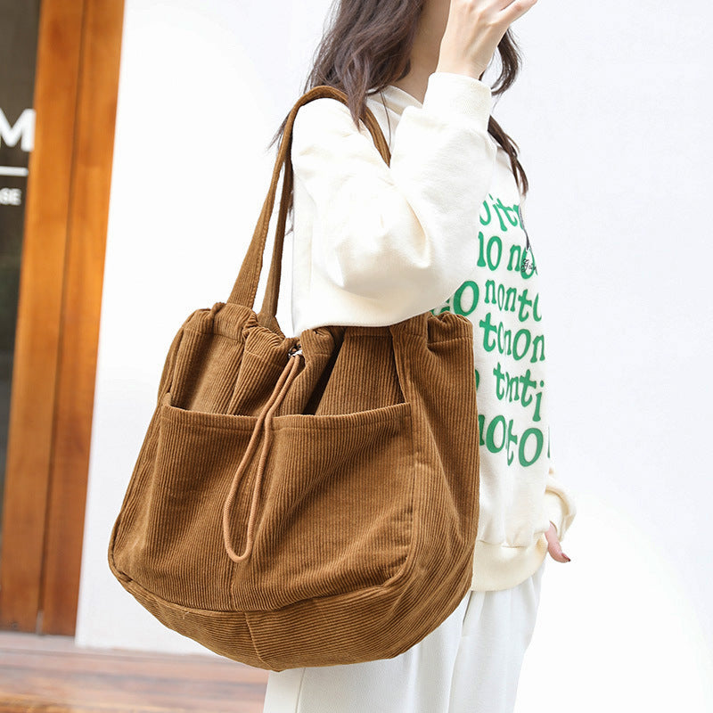 Women's Corduroy Drawstring Shoulder Bag Travel Bag