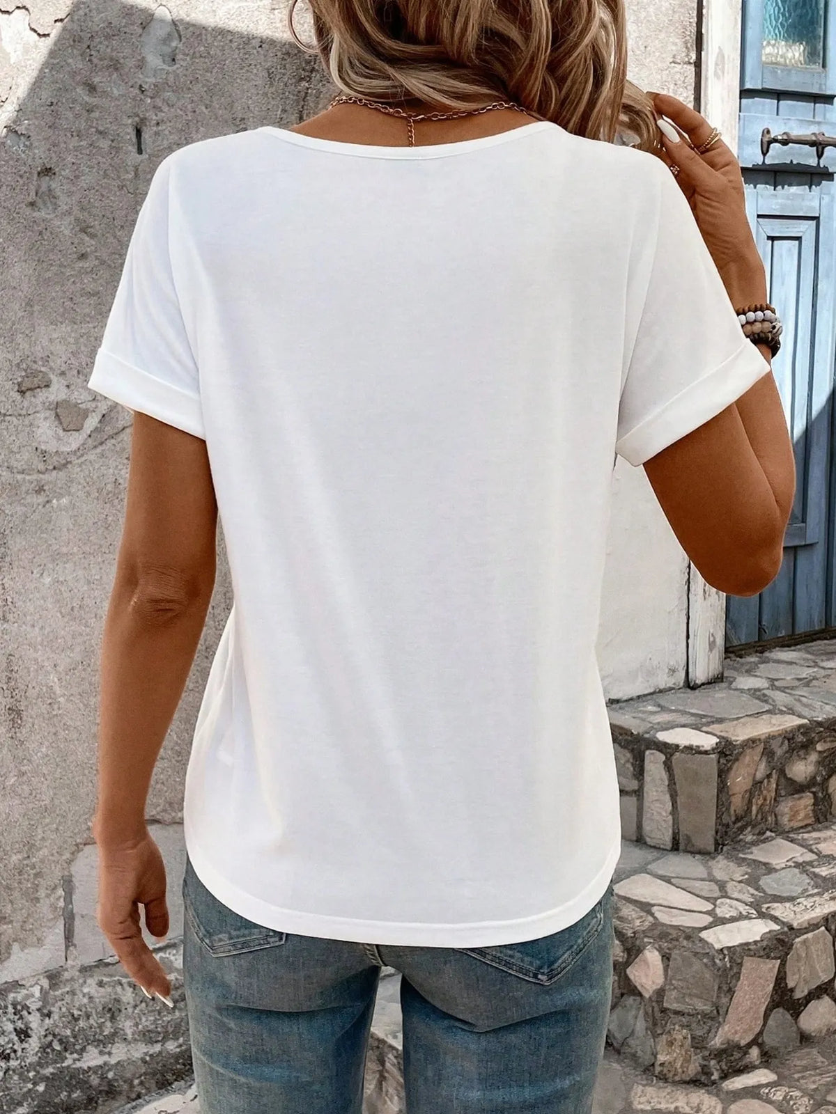 Triple Strap V-Neck Short Sleeve T-Shirt
