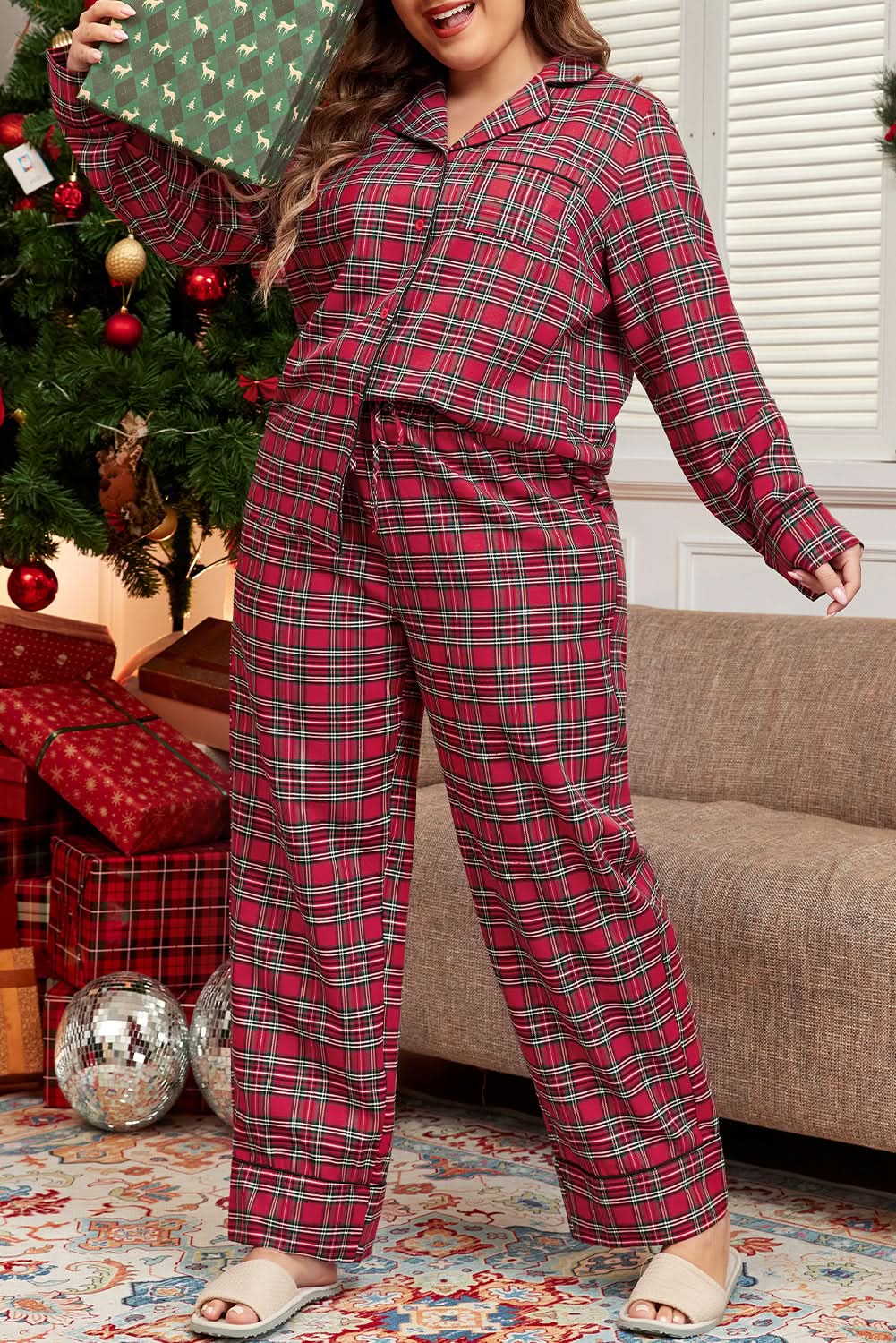 Pants Love Salve Red Plaid Lounge Set Women's Plus Size Pajama Set Comfy & Stylish