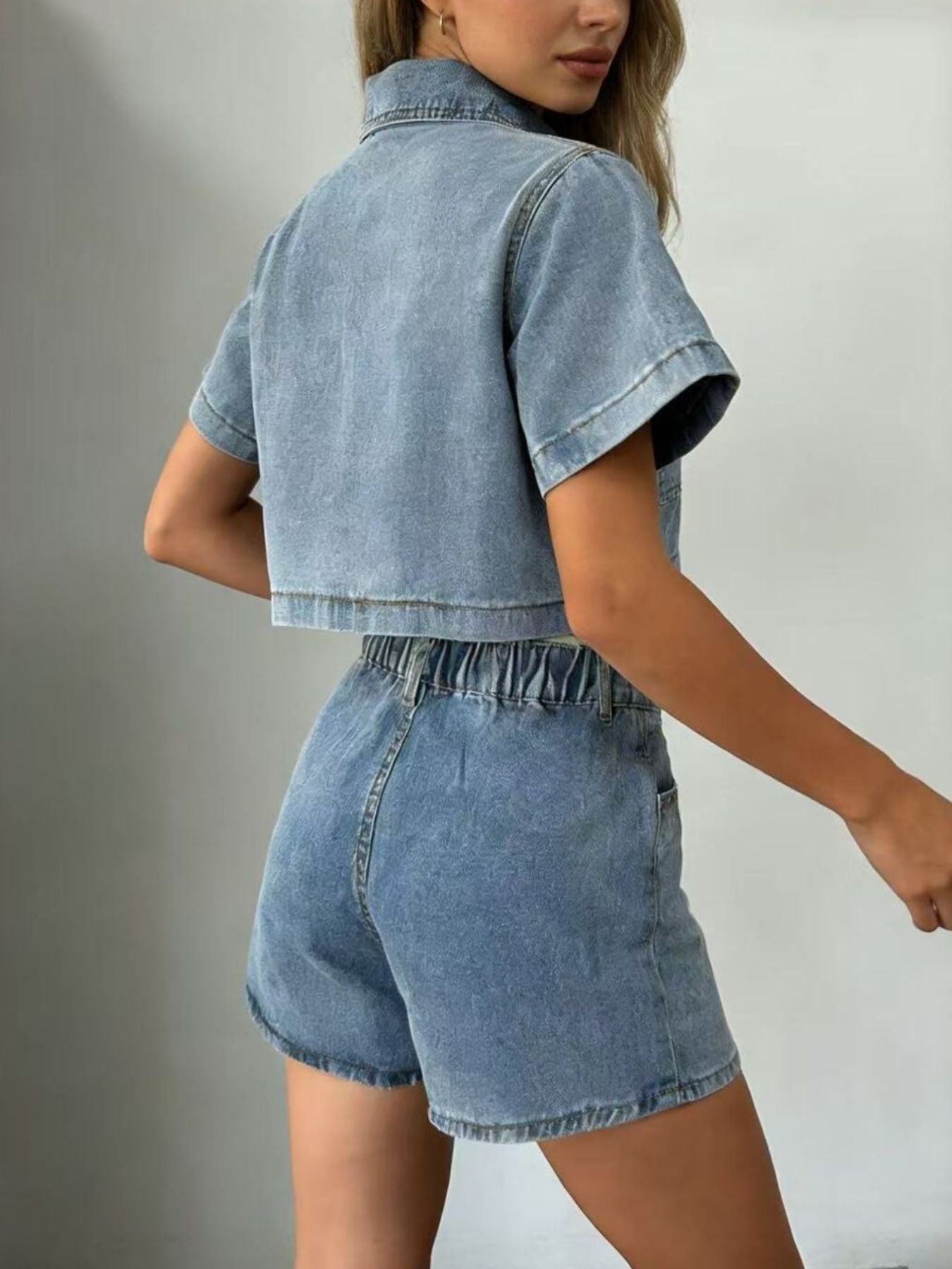 Short Sleeve Cropped Top and Skort Denim Set