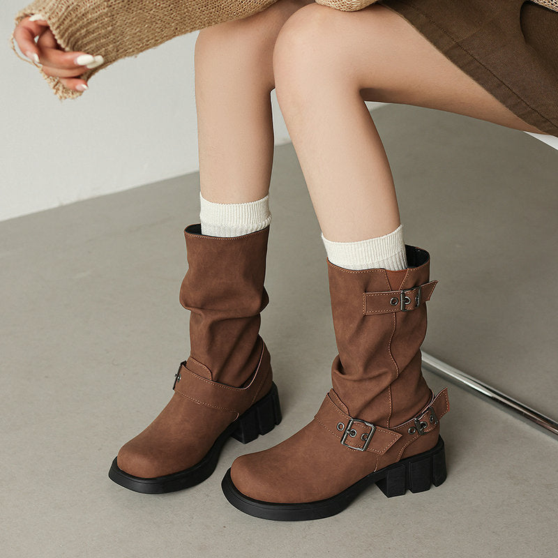 Retro Western Style Cowboy Millennial Inspired Mid Calf Platform Boots