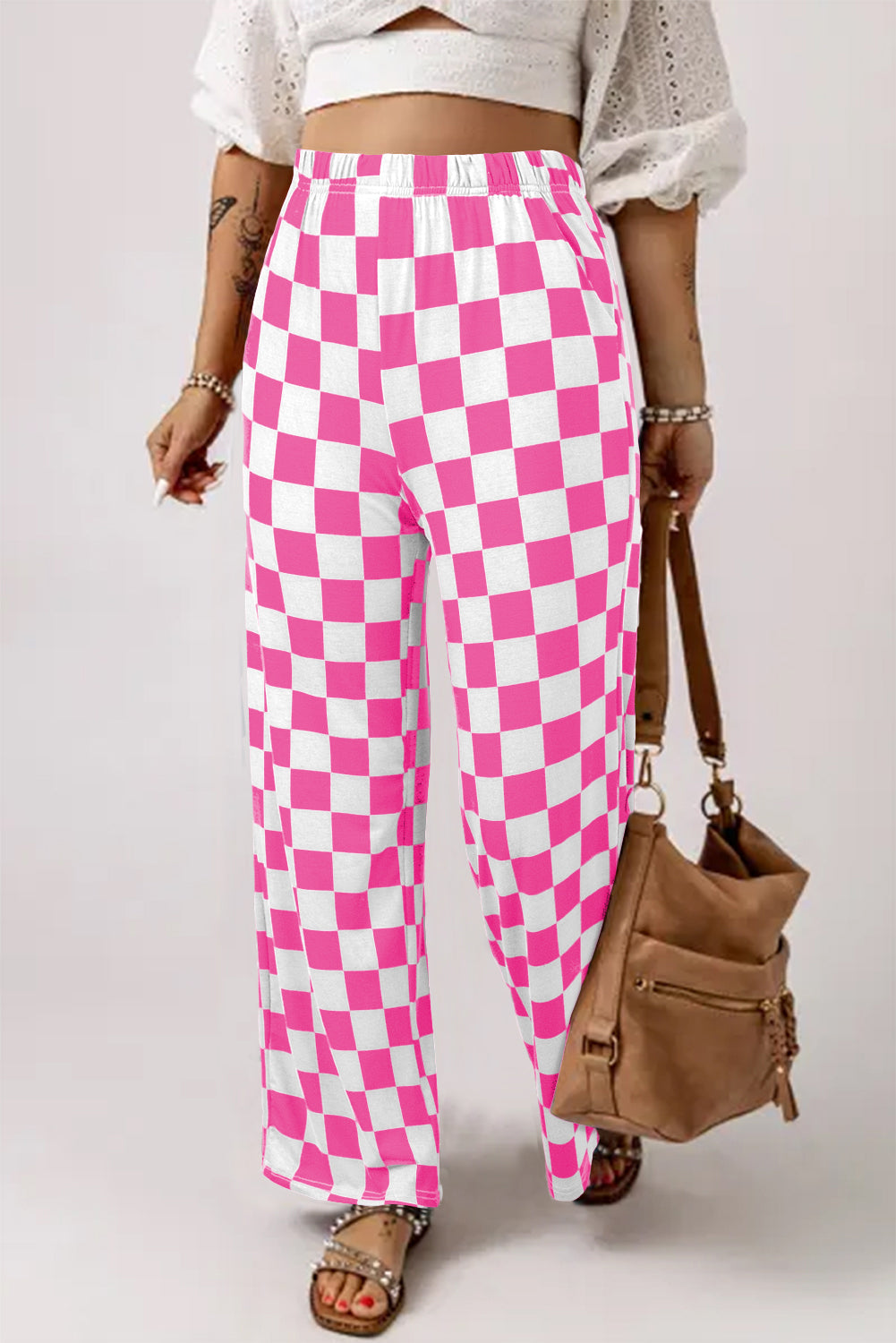 Red 2-Tone Checked Print High Waist Wide Leg Pants