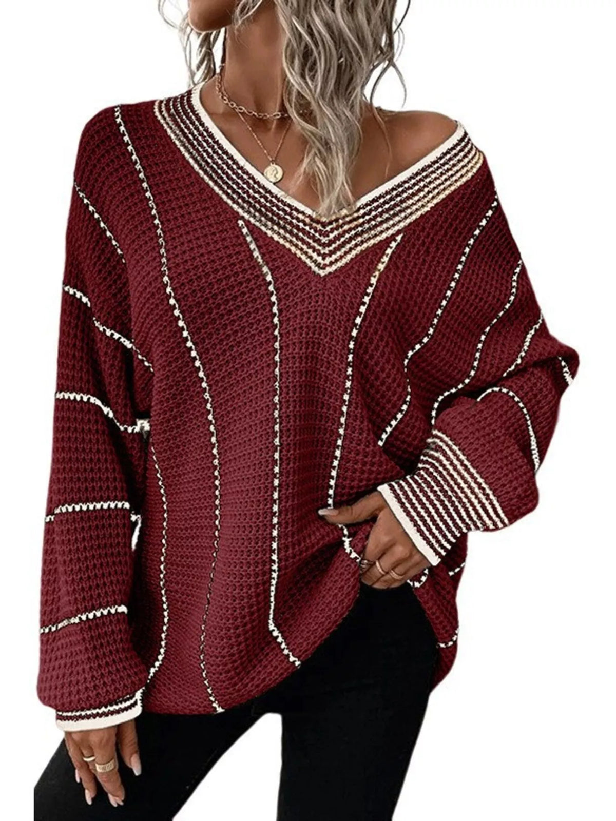 Full Size V-Neck Textured Knit Sweater Plus Size