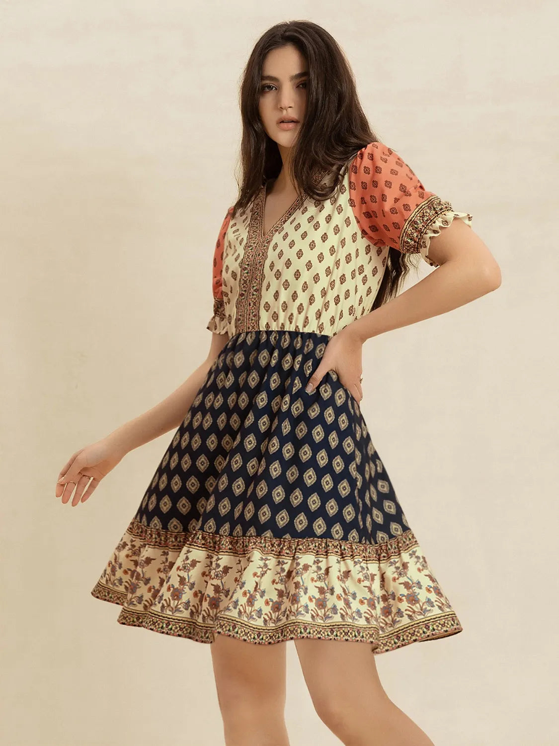 Printed V-Neck Short Sleeve Dress