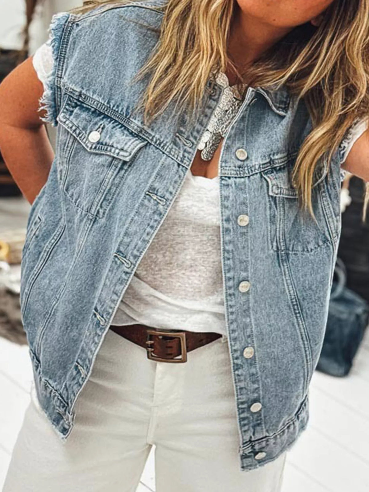 Button Flap Pocket Frayed Detail Denim Vest