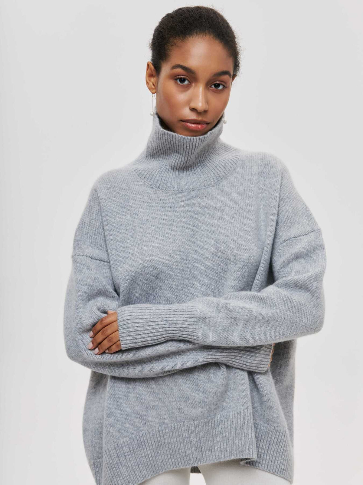 Women's Oversized Turtleneck Sweater, Solid Color Long Sleeve Loose Knit Pullover, Casual Fall Winter Basic Knit Top For Ladies