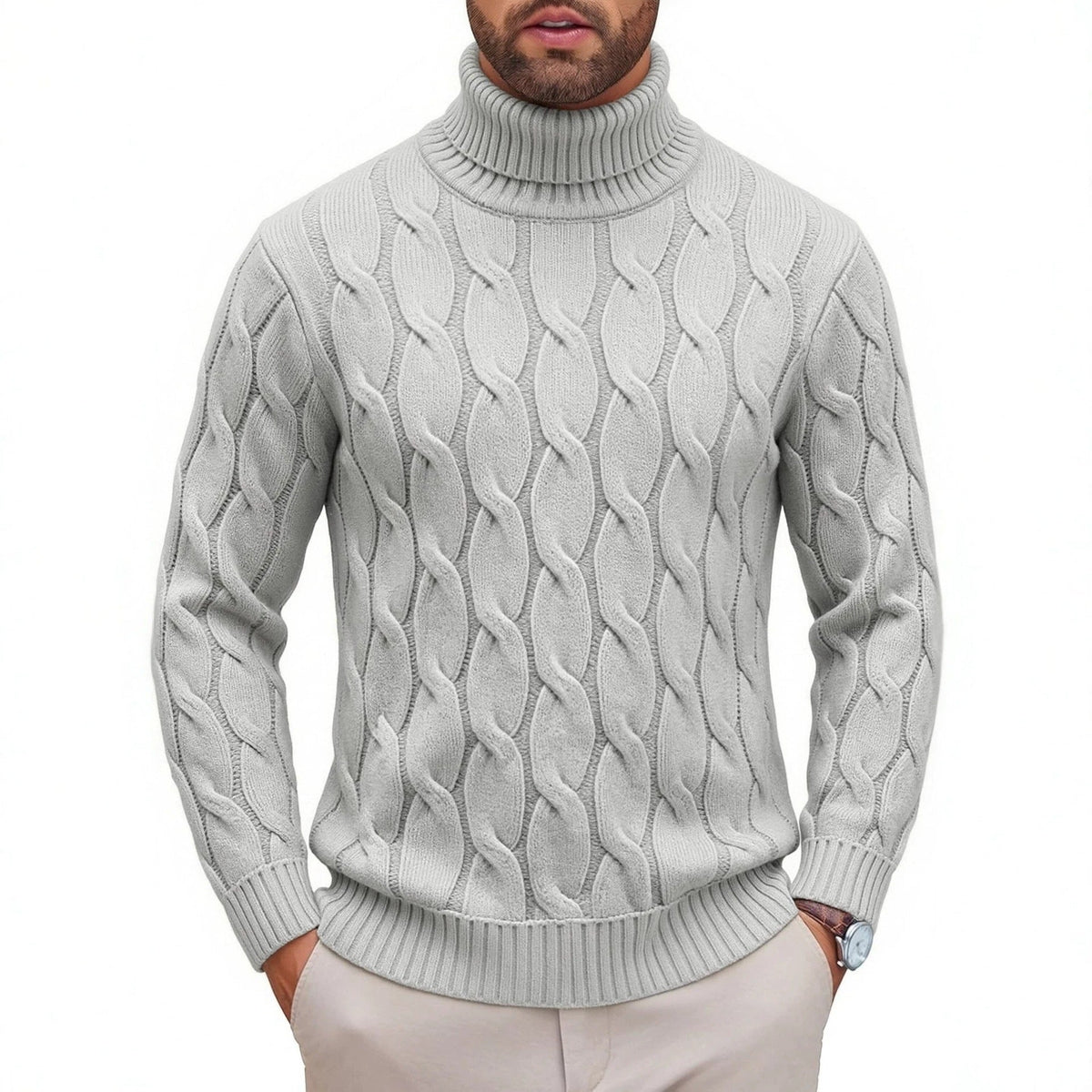 Men's Fashionable Turtleneck Sweater With Knotted Floral Design Loose Fit
