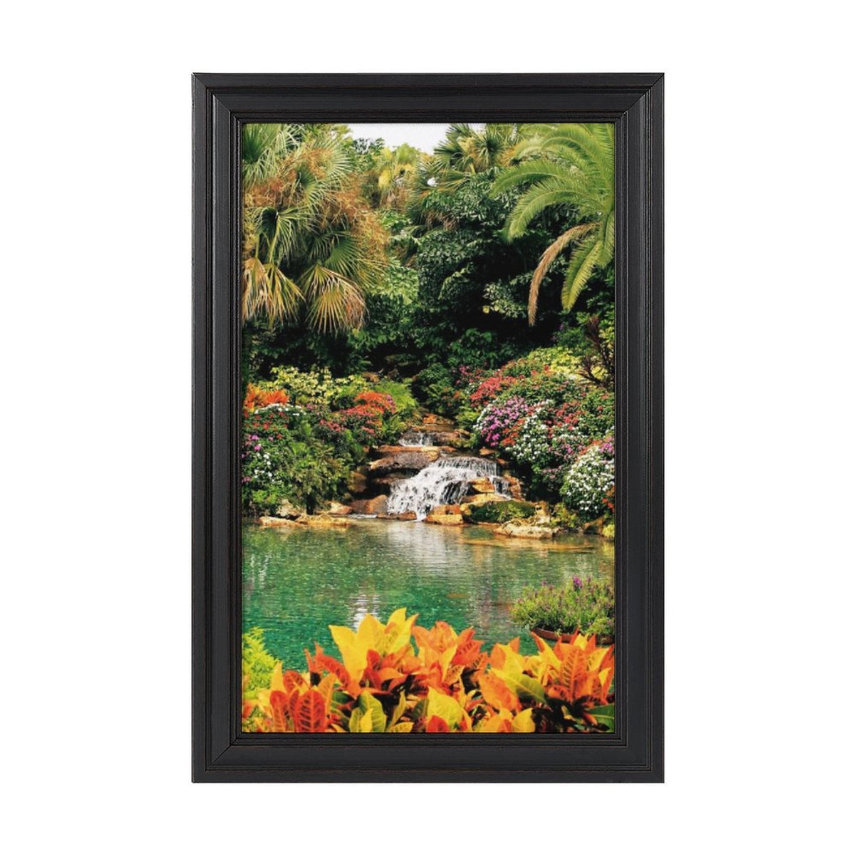 Serene Tropical Garden and Waterfall European Style Framed Art Print  - 16" × 24"