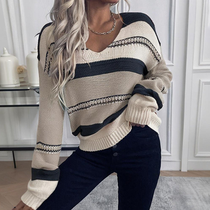 Women's French Vintage Striped Sweater | V-Neck Long Sleeve Stretch Knit Top