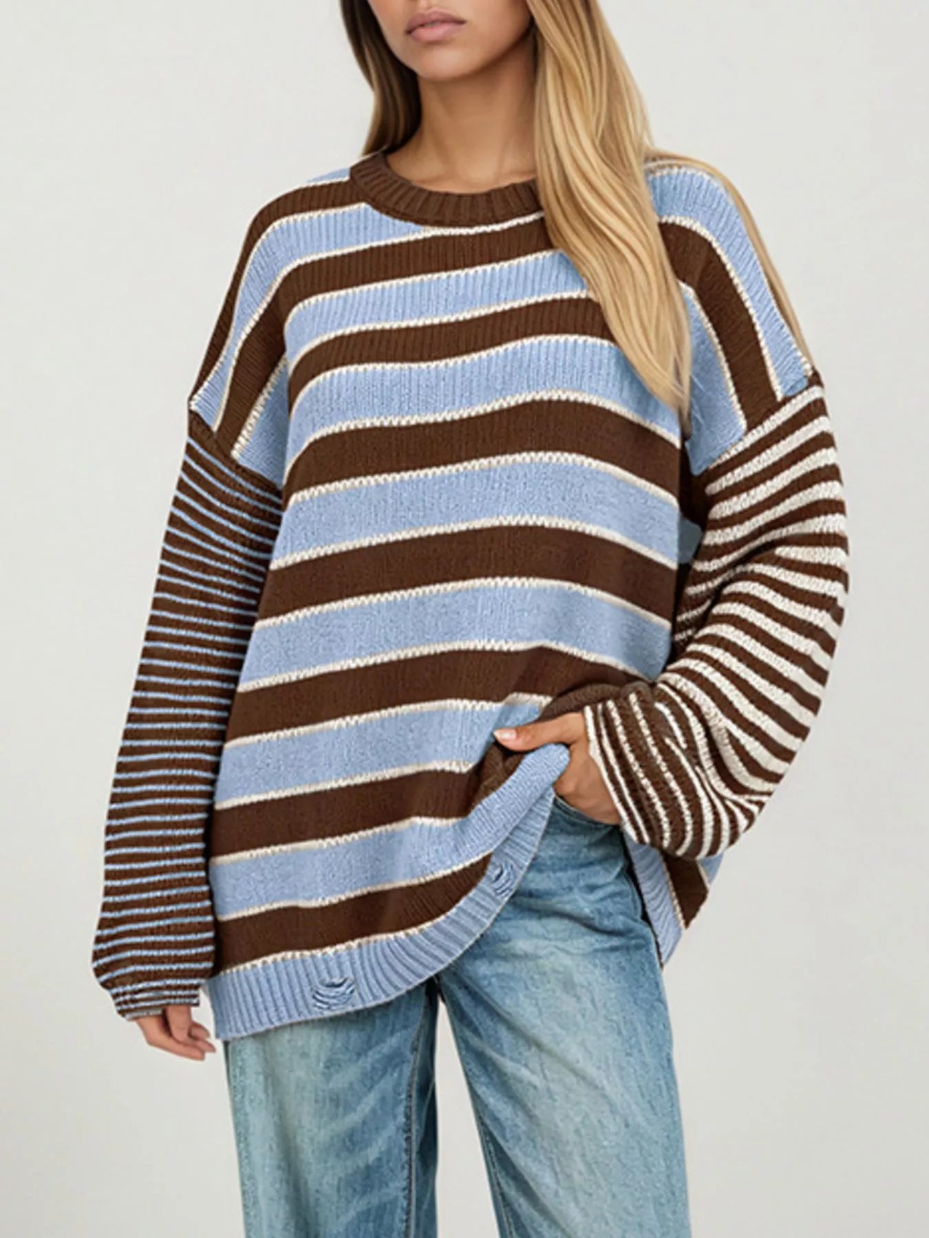 Oversized Striped Distressed Sweater