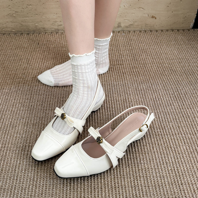 Women  Camellia Bow Slingback Sandals, Adjustable Back Strap Low Block Heel Elegant Party Dress Shoes