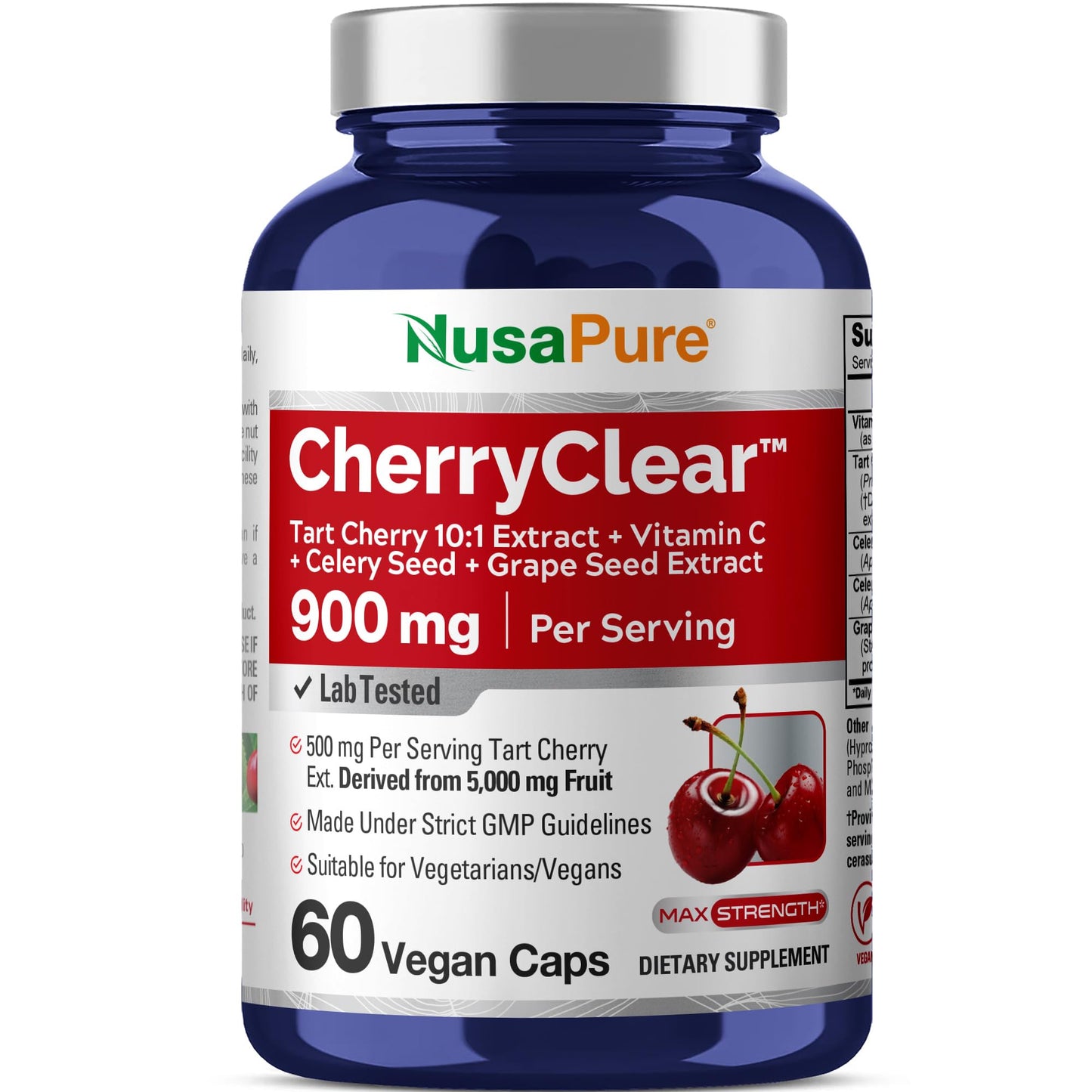 NusaPure CherryClear Tart Cherry 10:1 Extract, 500 mg + Vitamin C + Cherry Seed + Grape Seed 900mg Per Vegan Caps 60 Count