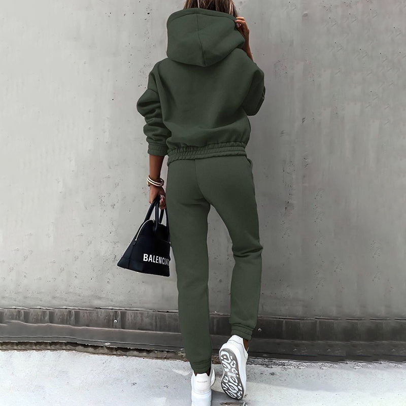 Conjunto de sudadera con capucha y pantalón de dos piezas de color liso para mujer