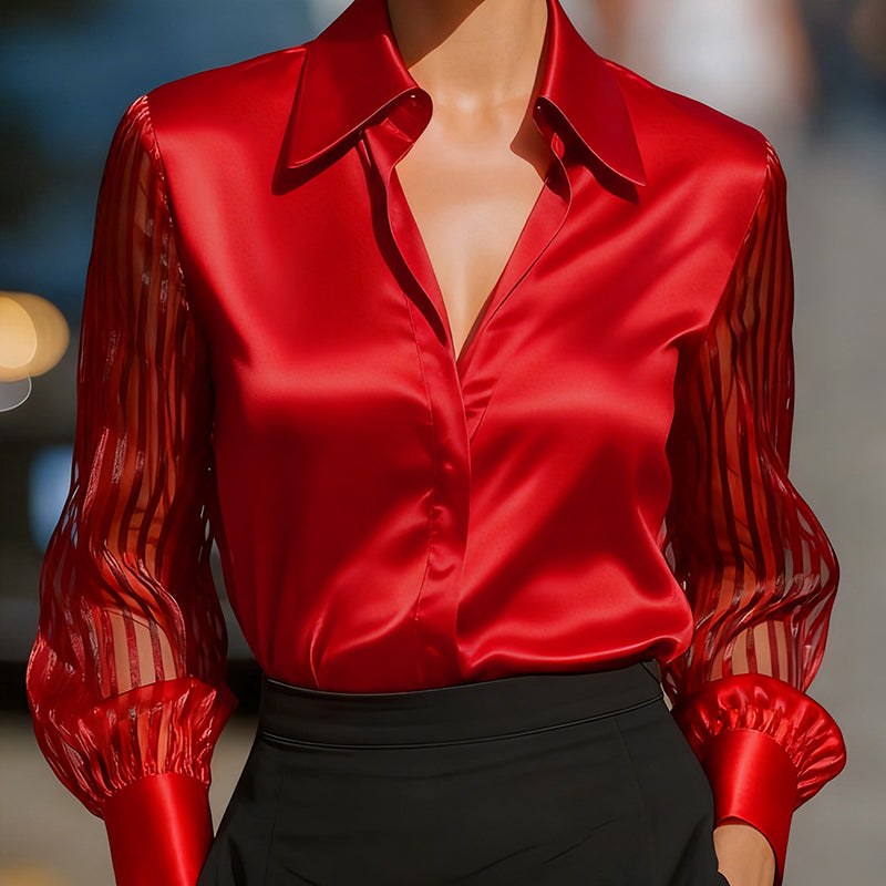 Blusa de satén con cuello solapa para mujer - Camisa transparente de manga larga con botones para oficina y primavera/otoño