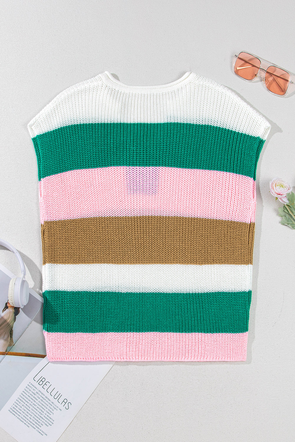 Camiseta de punto con cuello de pico y bloques de color multicolor