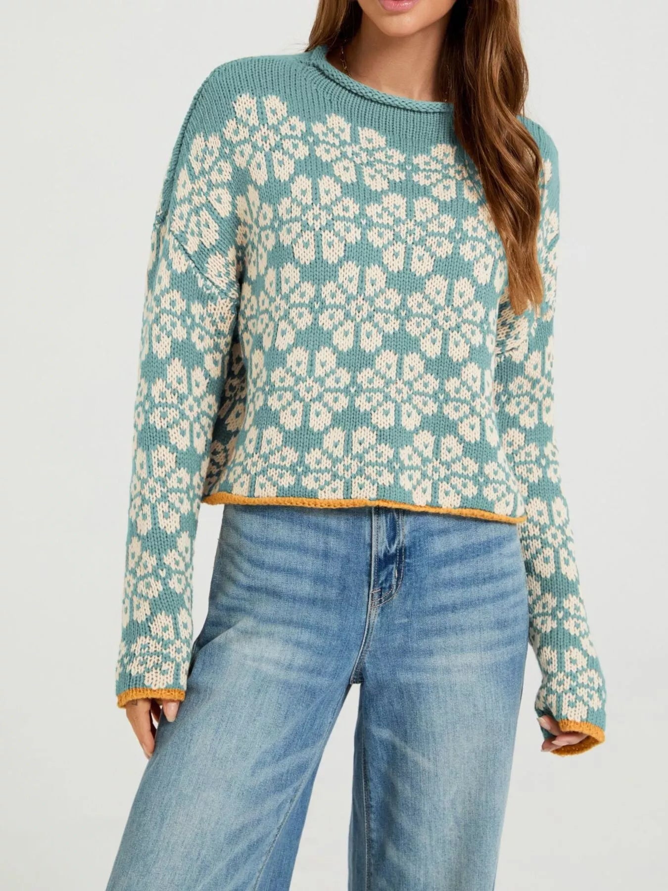 Floral Contrast Trim Dropped Shoulder Sweater