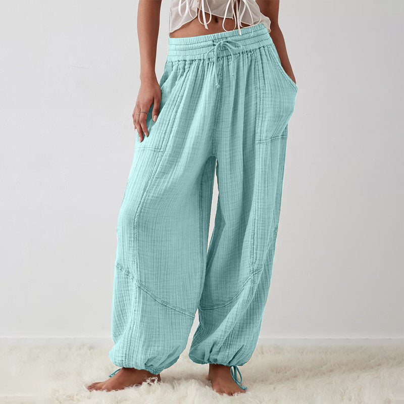 Pantalones de pernera ancha de color liso para mujer – Cintura elástica con cordón y bolsillos laterales
