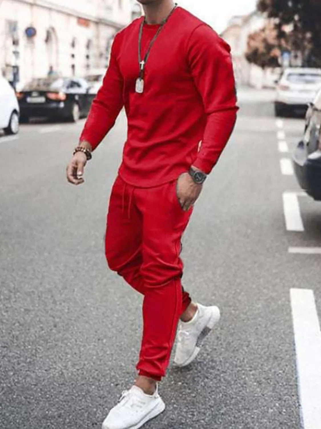 Conjunto de camiseta de manga larga con cuello redondo y pantalón para hombre, talla grande