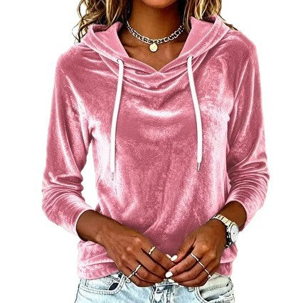2026 Fall Winter Women's Solid Color Korean Velvet Drawstring Hooded Long Sleeve Casual Sweatshirt