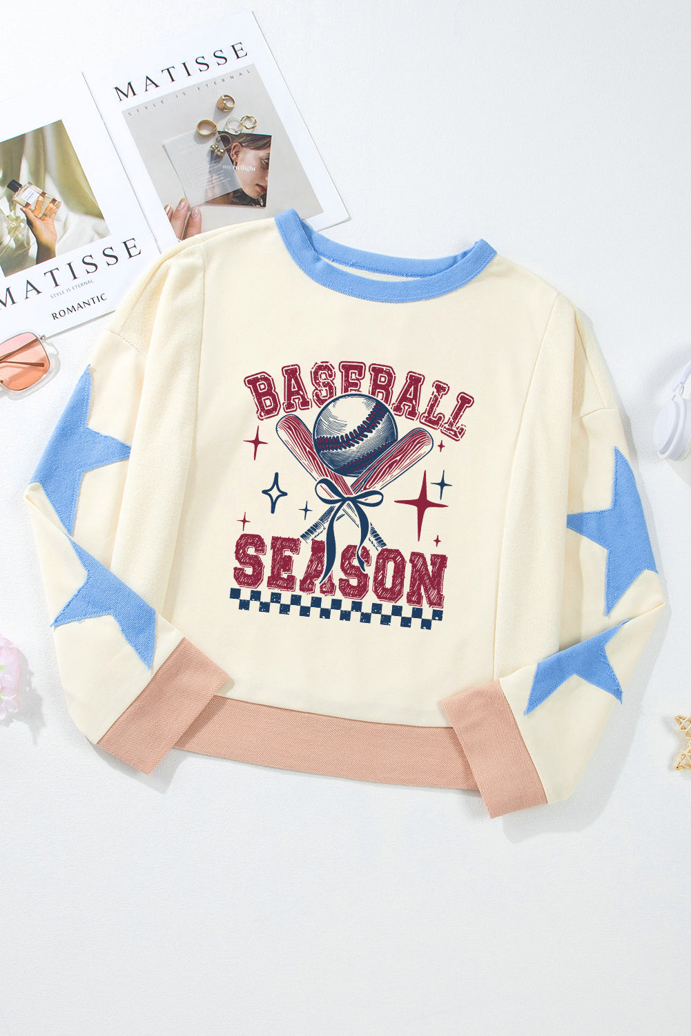 Sudadera beige de béisbol con gráfico de estrella y parches para el día del partido