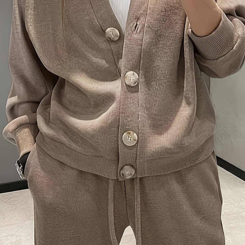 Cárdigan de punto casual con bolsillo y pantalón de salón con cordón ajustable
