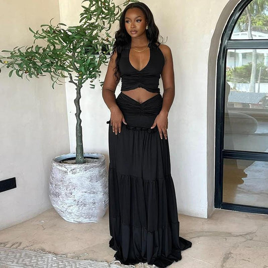 Traje de falda plisada y chaleco halter de encaje de verano