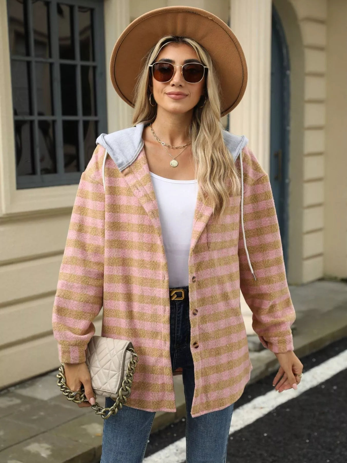 Plaid Button Up Long Sleeve Drawstring Hooded Jacket