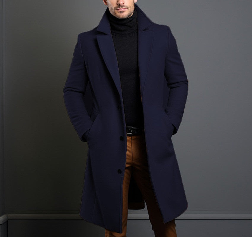 Men's Mid-length Trench Coat Fall Winter Slim Pockets Single-breasted Collar Jacket  Casual Business Comfortable Overcoat Clothing