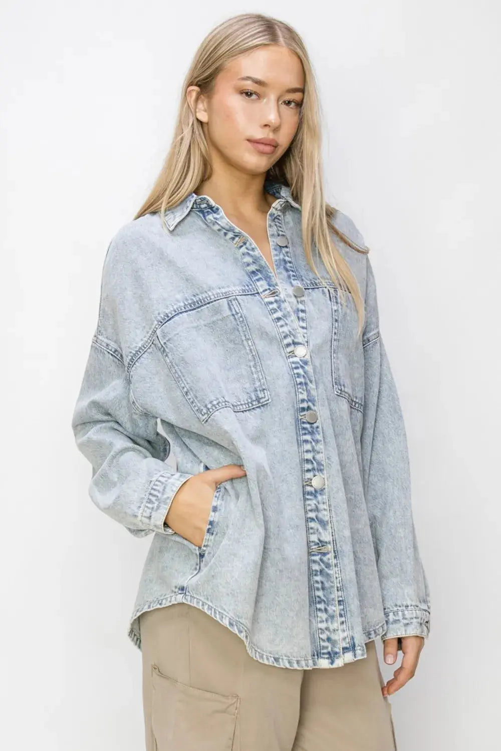 Denim Shacket - Button Up Long Sleeve - Casual Style