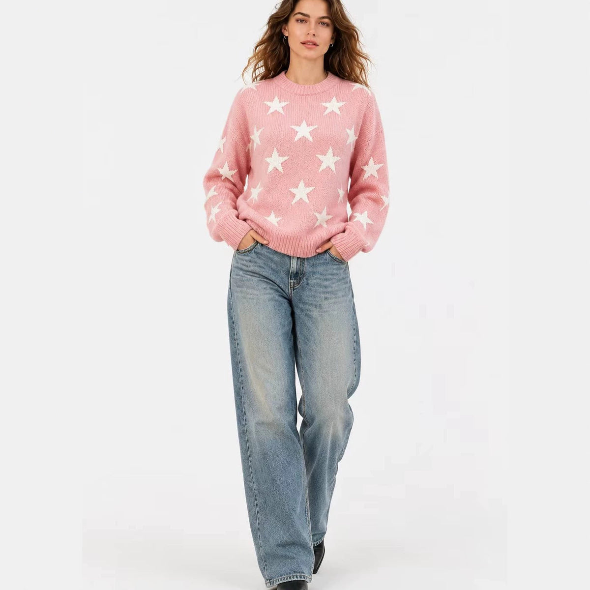 Womens Retro American-Style Star Jacquard Crew-Neck Sweater