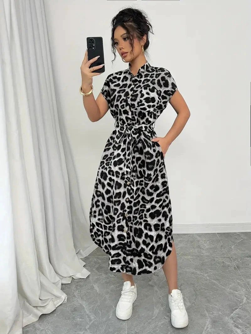 Leopard Print Front Button Shirt Belt Bow Shirt For Women