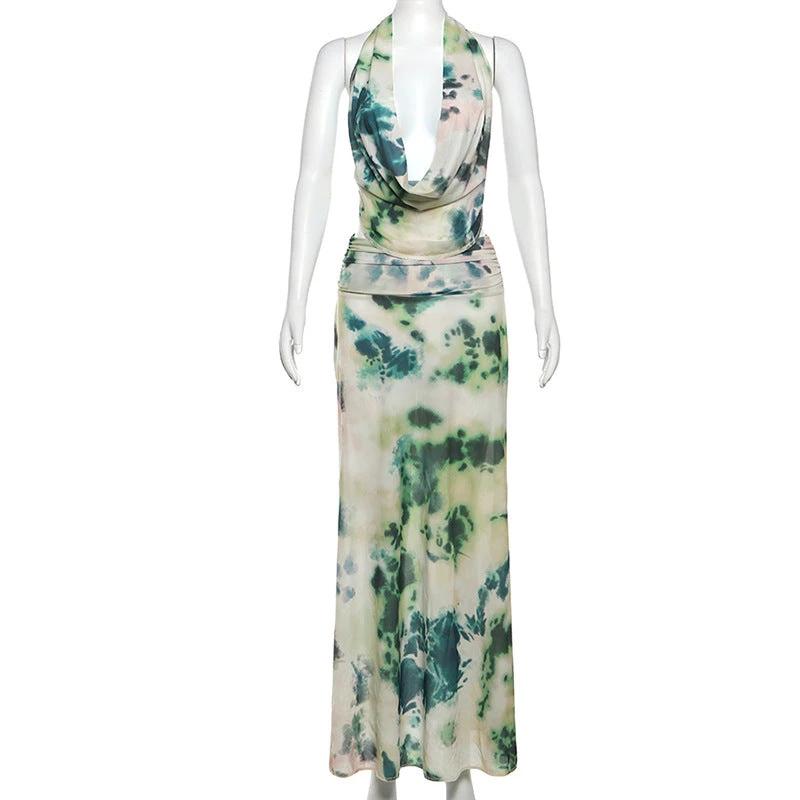 2pcs Tie Dye Printing Deep V-neck Suits Fashion Halter Backless Skirt For Beach Party Womens Clothing