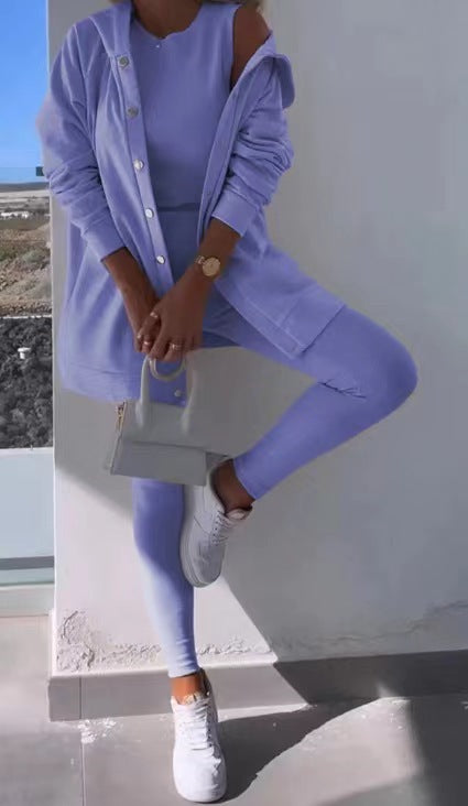 Conjunto de tres piezas de chaleco, pantalón y sudadera con capucha de ocio y deporte de moda femenina. Ver tabla de tallas en "más detalles".
