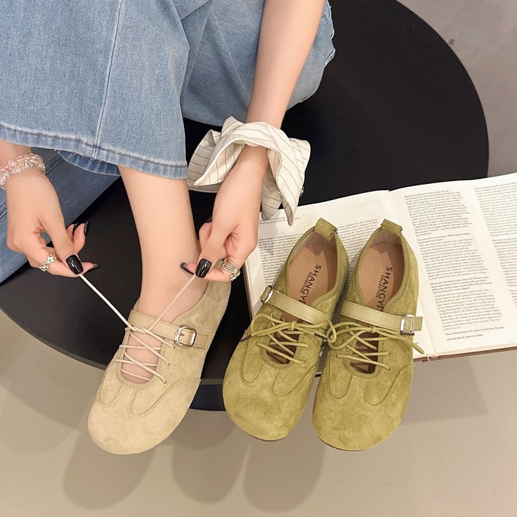 Women Round Toe Hollow Cut Out Lace Up Flats, Dual Strap Suede Soft Sole Casual Walking Shoes Daily Outdoor Loafers