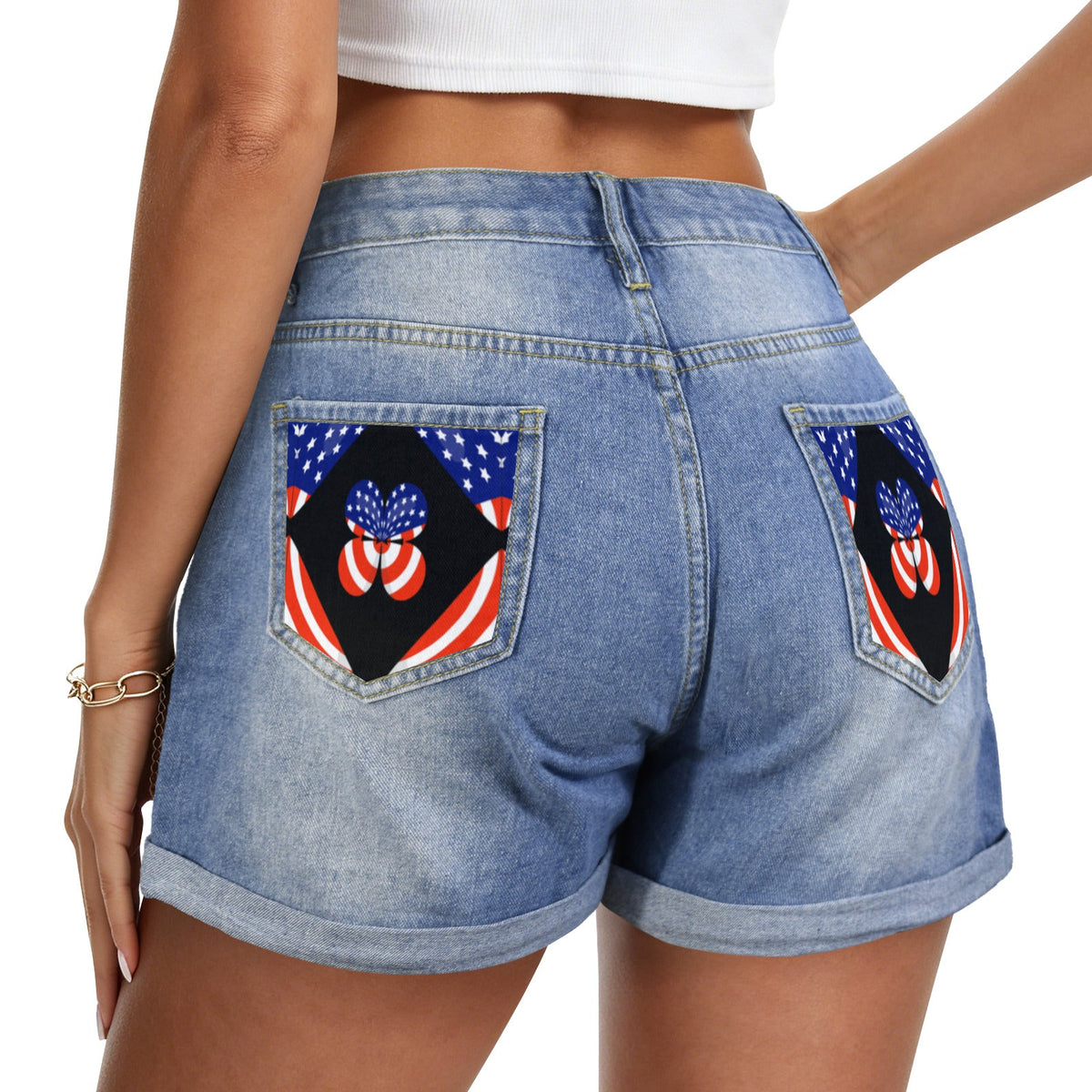 USA Butterfly Light-Wash Blue Denim Shorts (Dual Pockets Print)