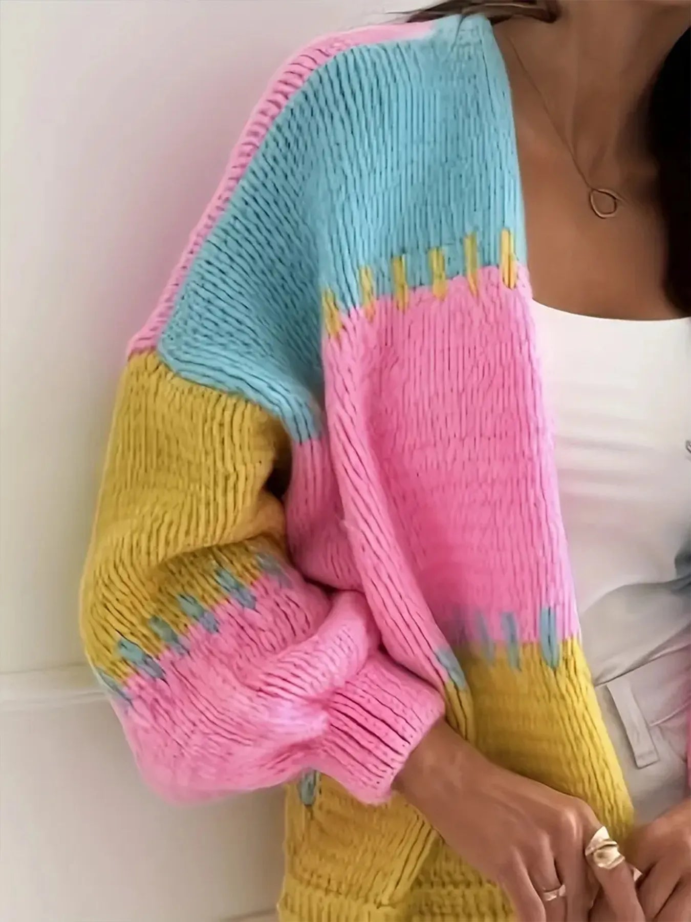 Women Color Block Drop Shoulder Cardigan Sweater
