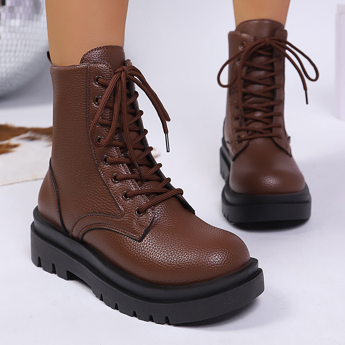 Botines de Mujer con Punta Redonda, Talla Grande, con Cordones y Suela Gruesa